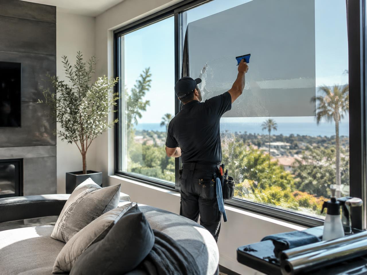 Installer applying window film to a large residential living room window